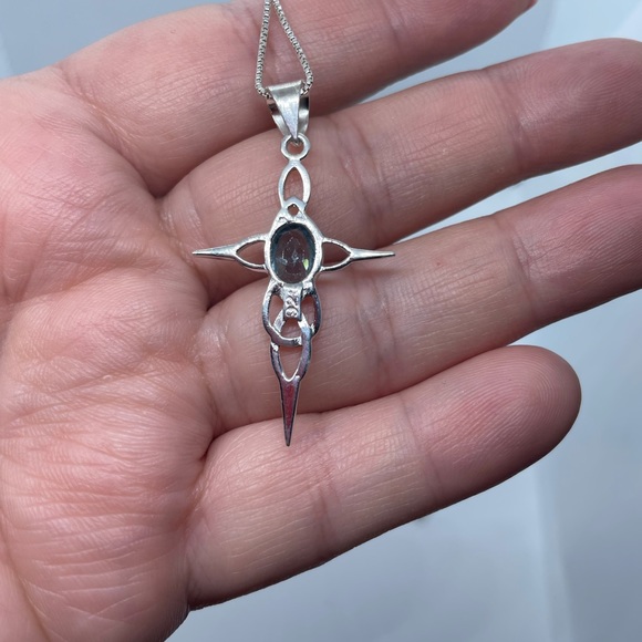 Sterling Silver Celtic Cross Blue Topaz Necklace - Picture 3 of 6